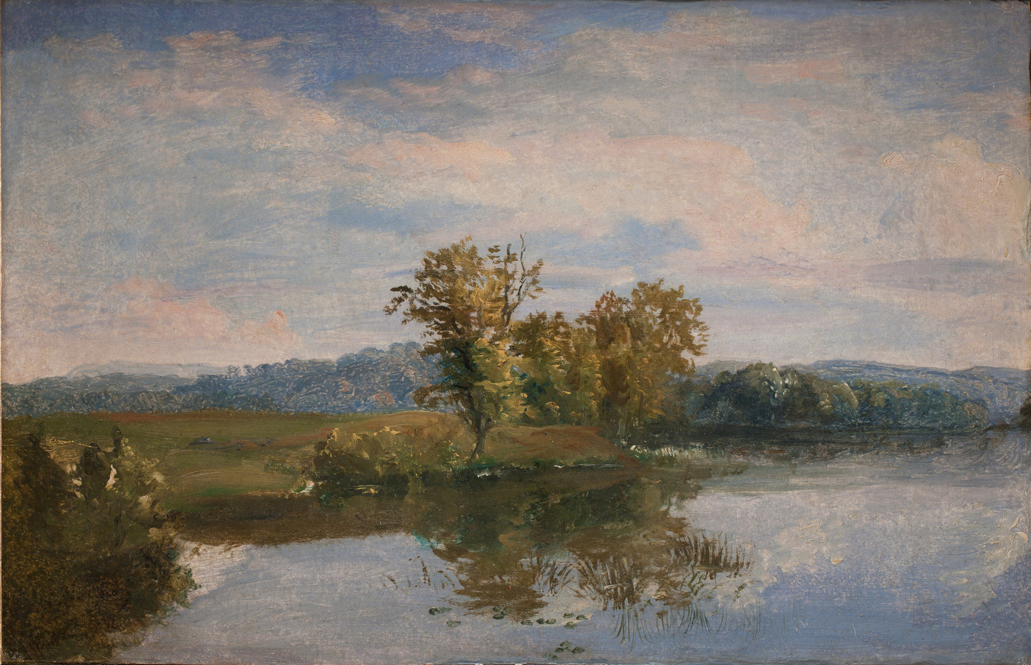 The landscape artwork A view of lake Vejl by Dankvart Dreyer.