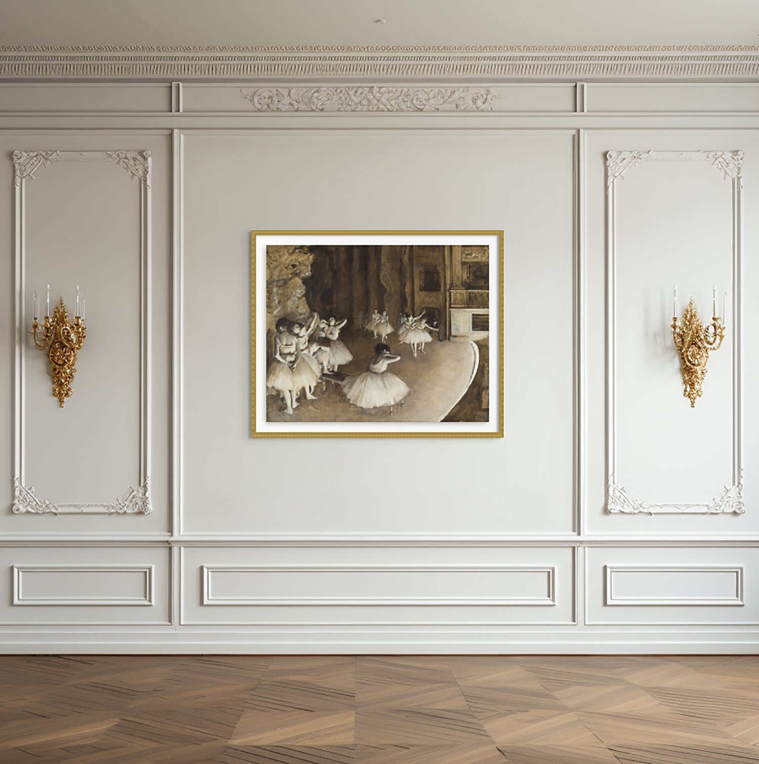 A fine art print in a gold frame and off white walls featuring Ballet Rehersal On Stage by Degas.