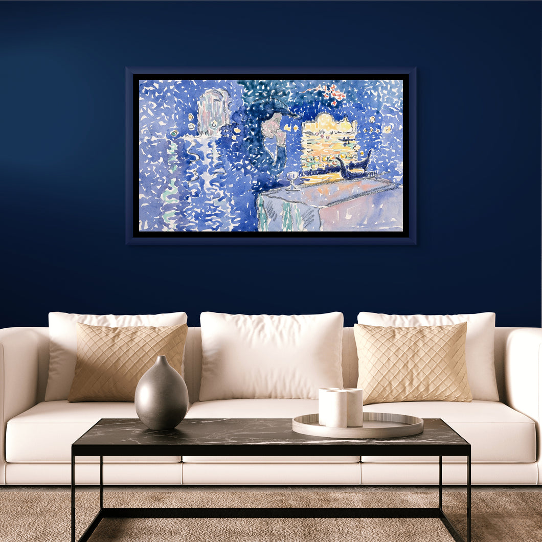 A modern living room with navy blue walls and a wall art print of Venice Night of the festival
